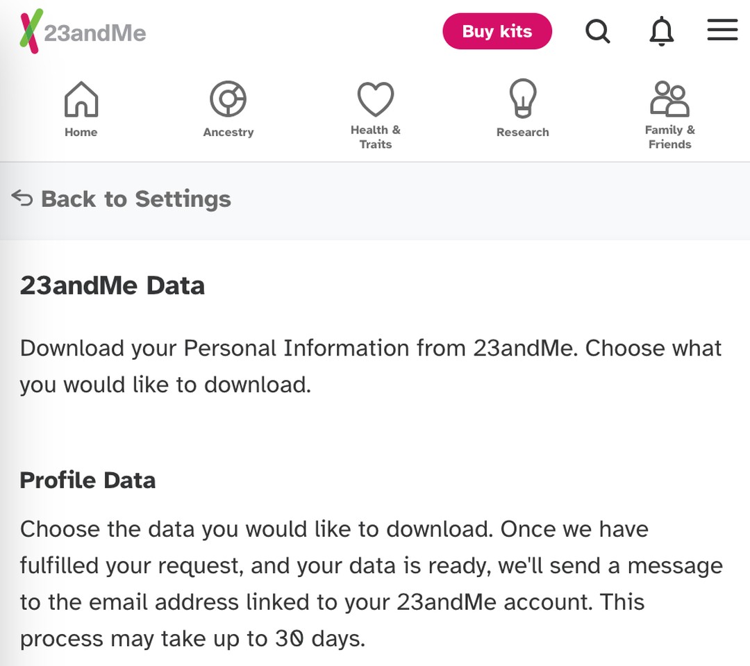 The download screen in the 23andMe account settings, where the raw genotype file comes from