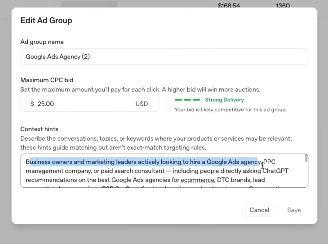 The context hints field, filled with a plain-language description of the target conversation.