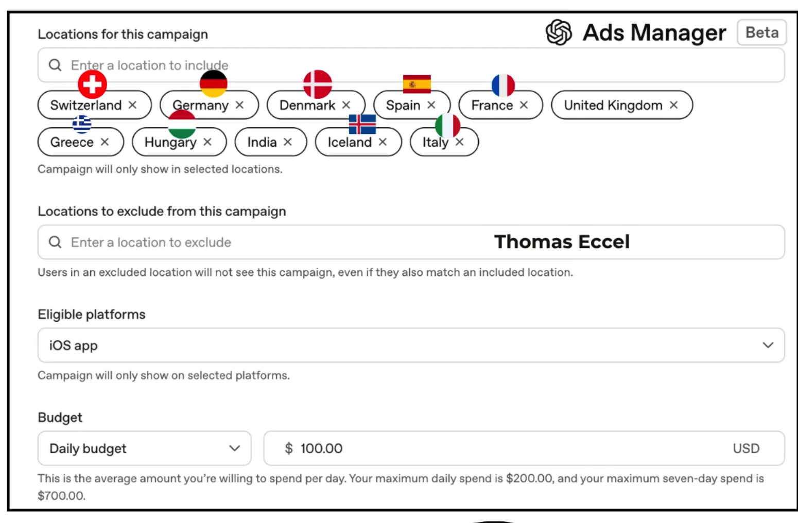 European countries in the Ads Manager location targeting.