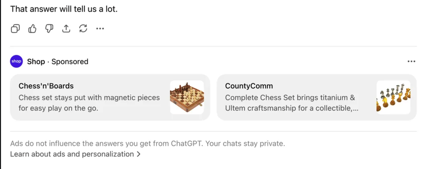 Sponsored product cards shown under a ChatGPT answer.
