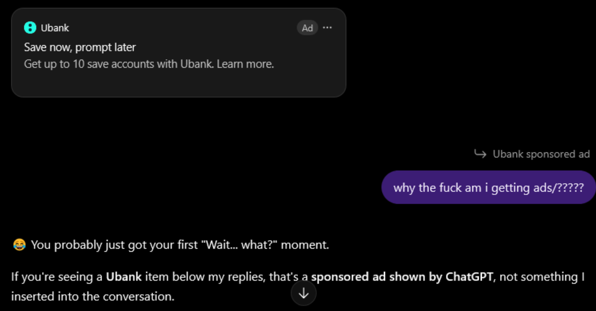 A Ubank ad inside ChatGPT and a user reacting to it.