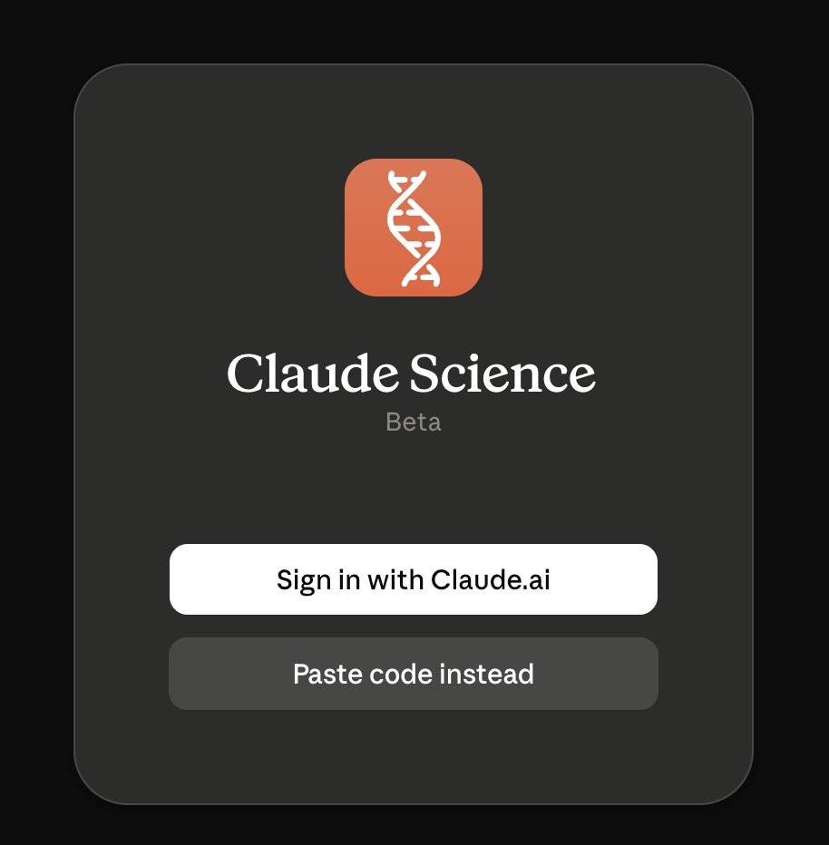 The Claude Science sign-in screen, the desktop app in its beta release