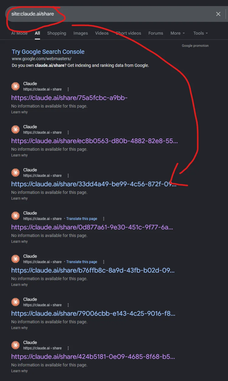 What a search for site:claude.ai/share was returning