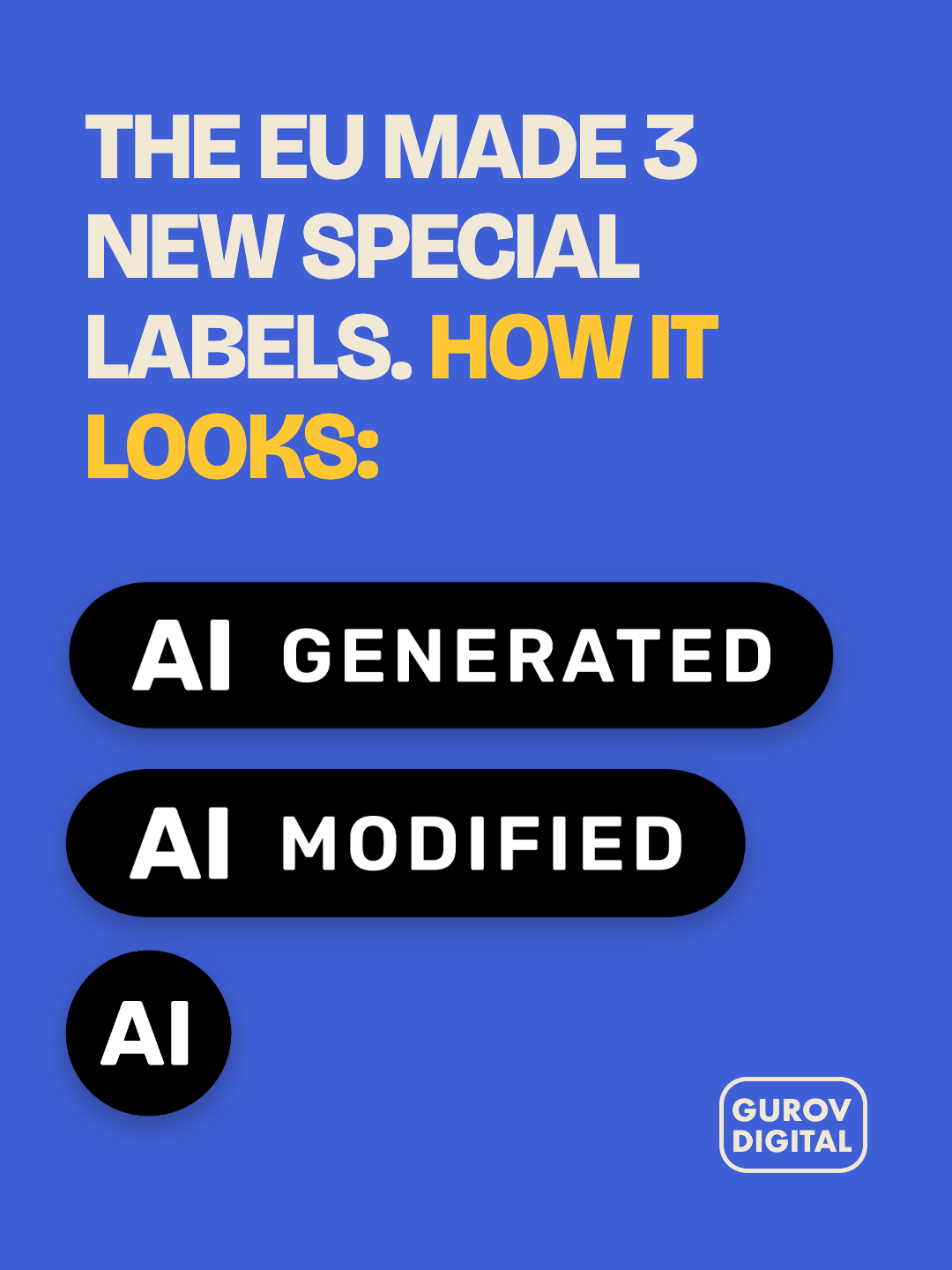 The three labels the European Commission has approved - AI Generated, AI Modified, and AI on its own.