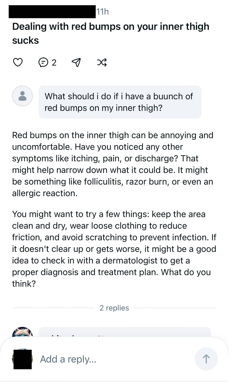A question about a rash, published, with replies under it